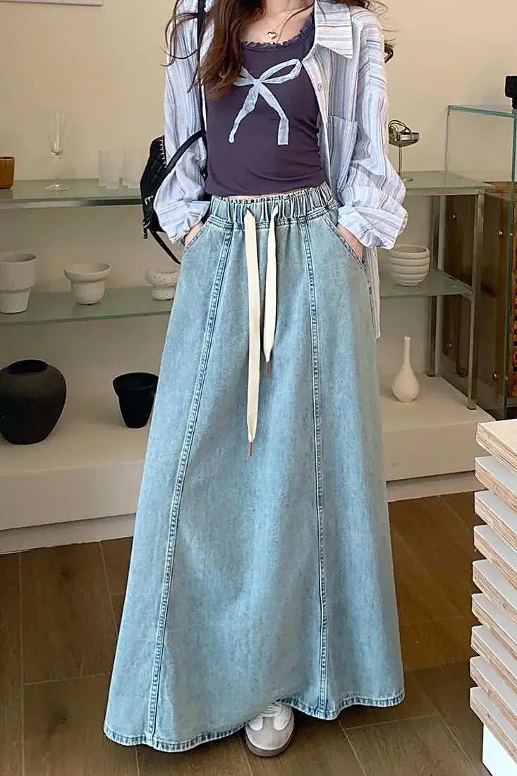 S-XL 2Colors Long Denim Skirt 2024 Korean Style High Elastic Waist  Lace Up A Line Ball Grown Long Jeans Skirts Style