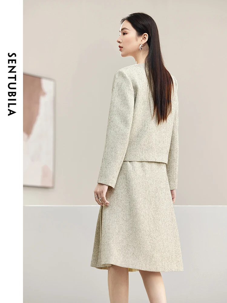 SENTUBILA Spring Autumn Tweed Skirt Sets Women 2 Piece Outfit 2024 Elegant Jacekt Pleated Skirt Two Piece Matching Set 141Z53507