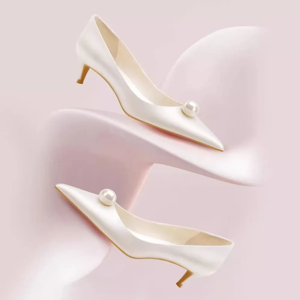 New White Satin Wedding Bride Shoes Pearl High Heels French Bridesmaid Shoes Fashion Pumps view 5