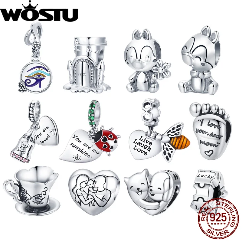 

WOSTU 925 Sterling Silver Coffee Cup Bear Kitty Ladybug Radio Bee Charms Pendant Fit Bracelets Women Fashion DIY Jewelry Gift