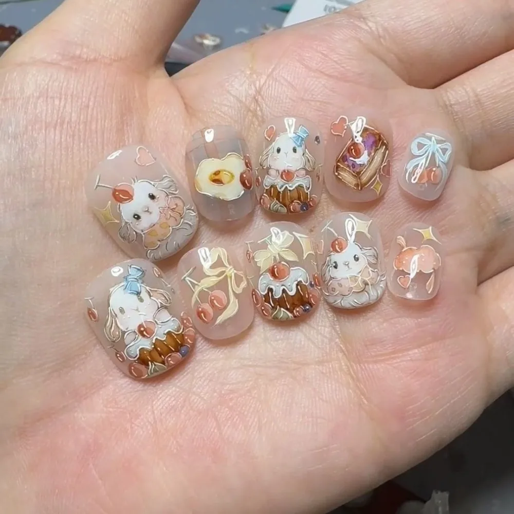10 Pieces Sweet Cute Long Ears Bunny Handmade Press On Nails Afternoon Tea Cake Cherry Bow Art Fake Nails Removable Reusable