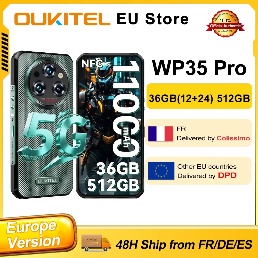Oukitel WP35 Pro Android 14 Smartphone robuste 36GB(12 + 24) 512GB 6.6 ''FHD + 5G 11000mAh 33W 64MP NFC double SIM téléphone portable