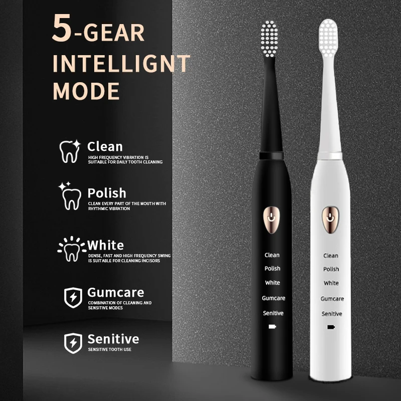 Jianpai Adult Black White Classic Acoustic Electric Toothbrush Adult 5-gear Mode USB Charging IPX7 Waterproof Acoustic Electric