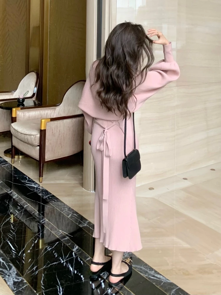 Winter Pink Elegant Two Piece Sweater Set Women Loose Warm Knitted Sweater Suit Female Bow Casual Korean Fashion Chic Set 2022