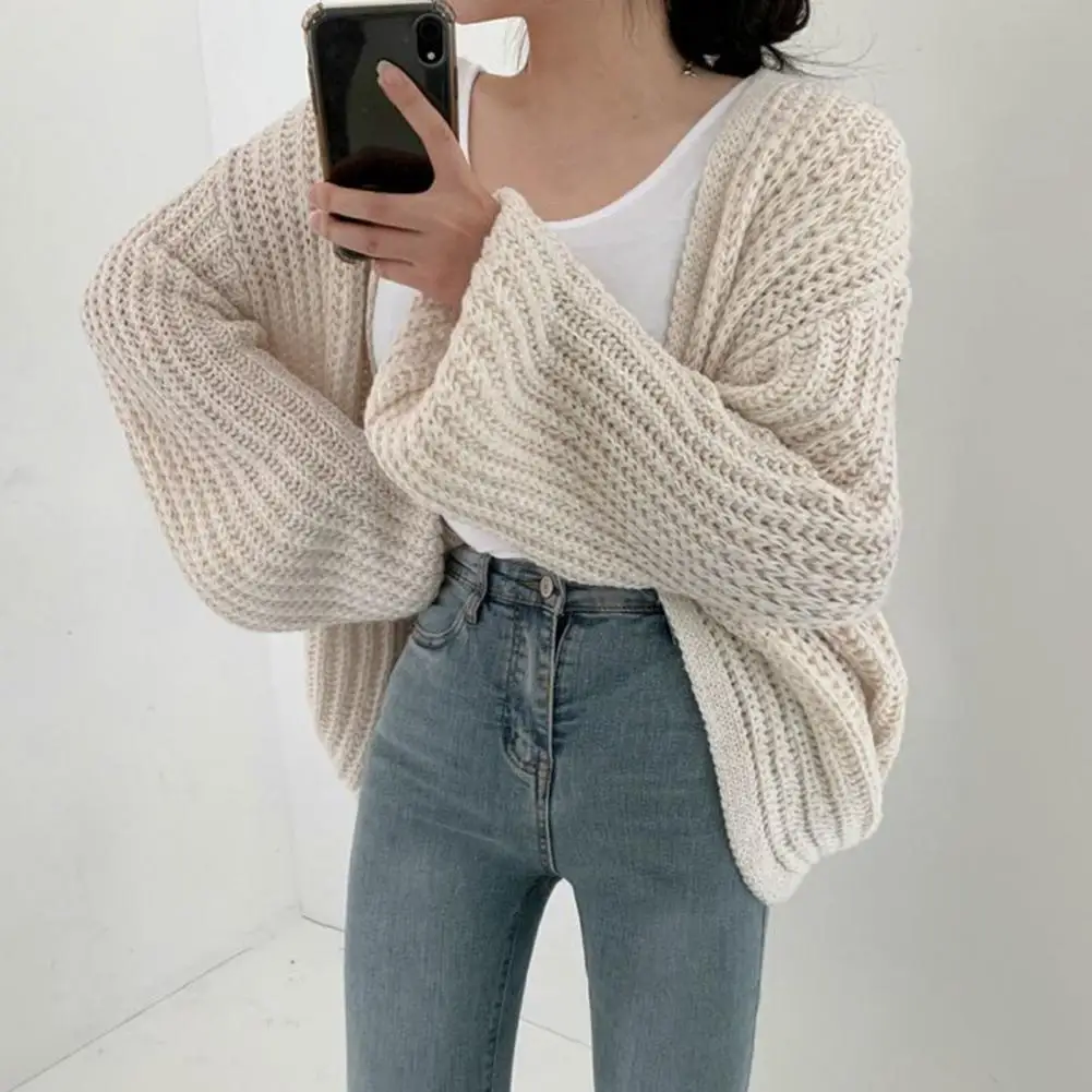 Lazy Style Sweater Jacket Stylish Women's V-neck Sweater Coat with Lantern Sleeves Knitwear Wool Knit Daily Wear