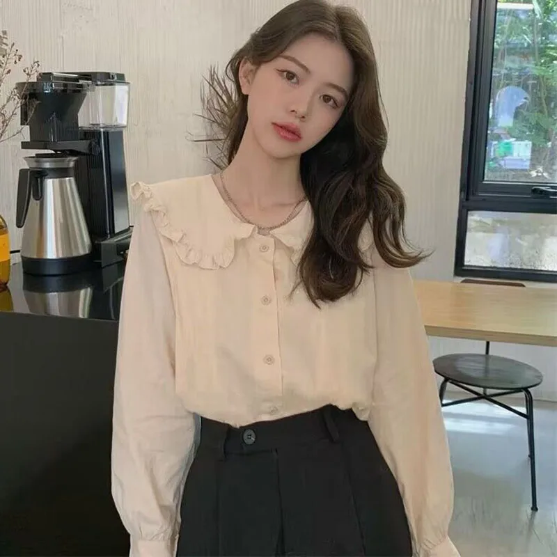 Lucyever Women Blouse Sweet Preppy Style Peter Pan Collar Shirts Woman Korean All-Match Long Sleeve Single-Breasted Blusas Tops