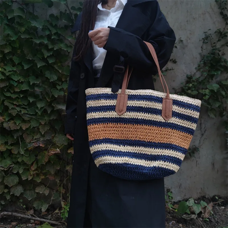 

Large Capacity Casual Striped Woven Bag, Handmade Woven Bag, Vintage Handbag