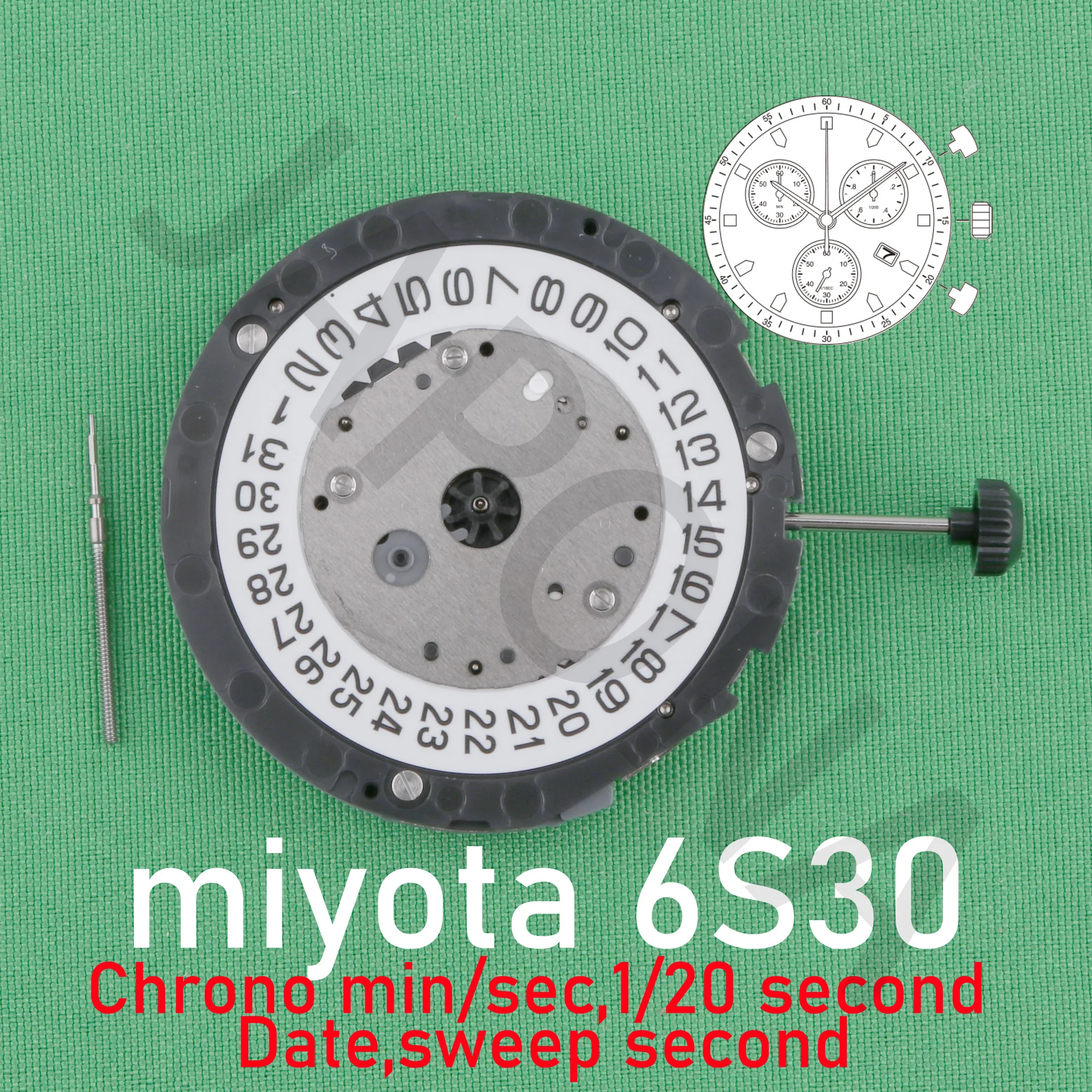 6s30 movement miyota 6s30 movement . Can incorporate tachymeter.Chrono min/sec, 1/20 second Date Long Life Battery 6s3O