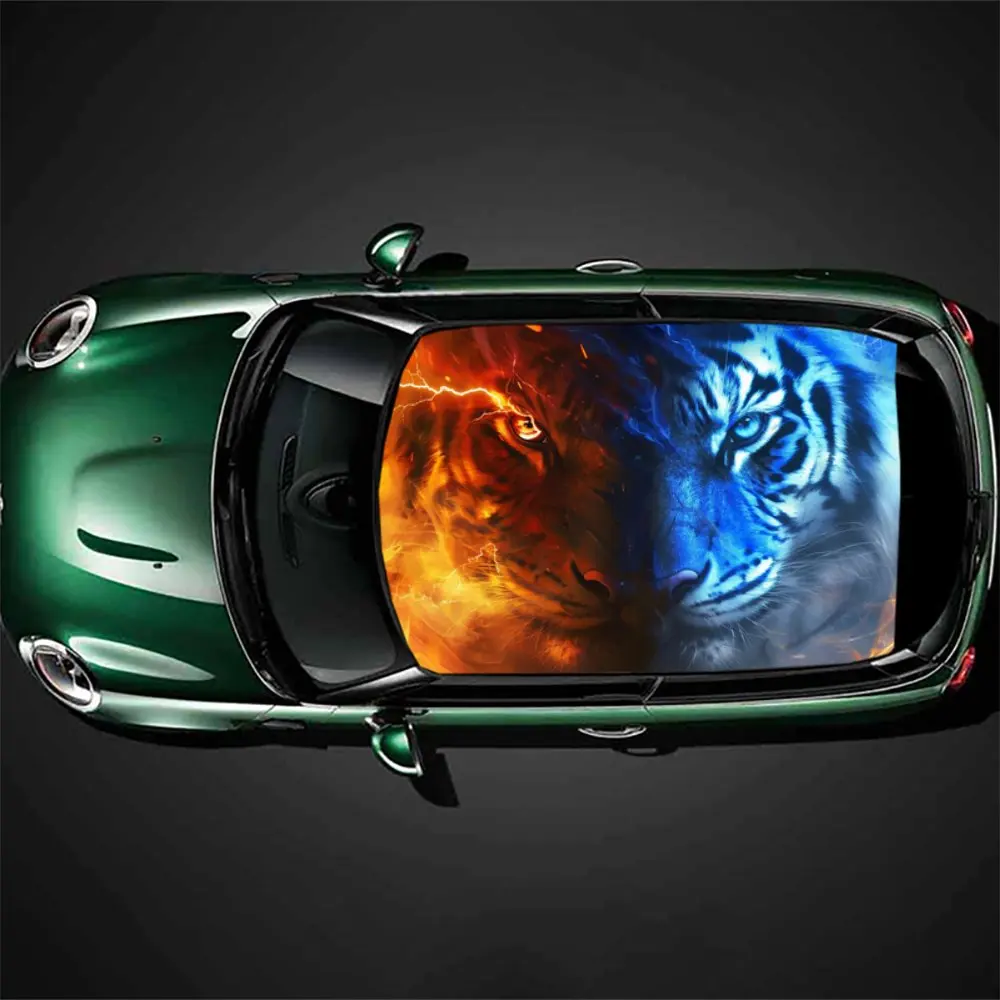 Tiger with Blue Lightning Eyes Car Roof Sticker Wrap Racing SUV Auto Accessories Packaging PVC Car Hood Graphic Decal Decoration