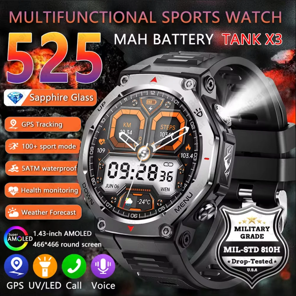 

2025 New Military Smart Watch 525Mah Battery Fitness Tracking 10ATM Waterproof Tactics Sport Flashlight call Bracelet For Men