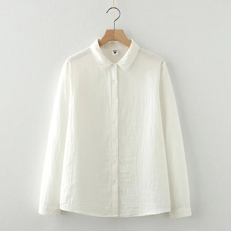 2026 Vintage Cotton Shirt Women's Long-sleeved Blouses Spring Autumn Single-breasted Double-layer Yarn Loose Female Casual Tops