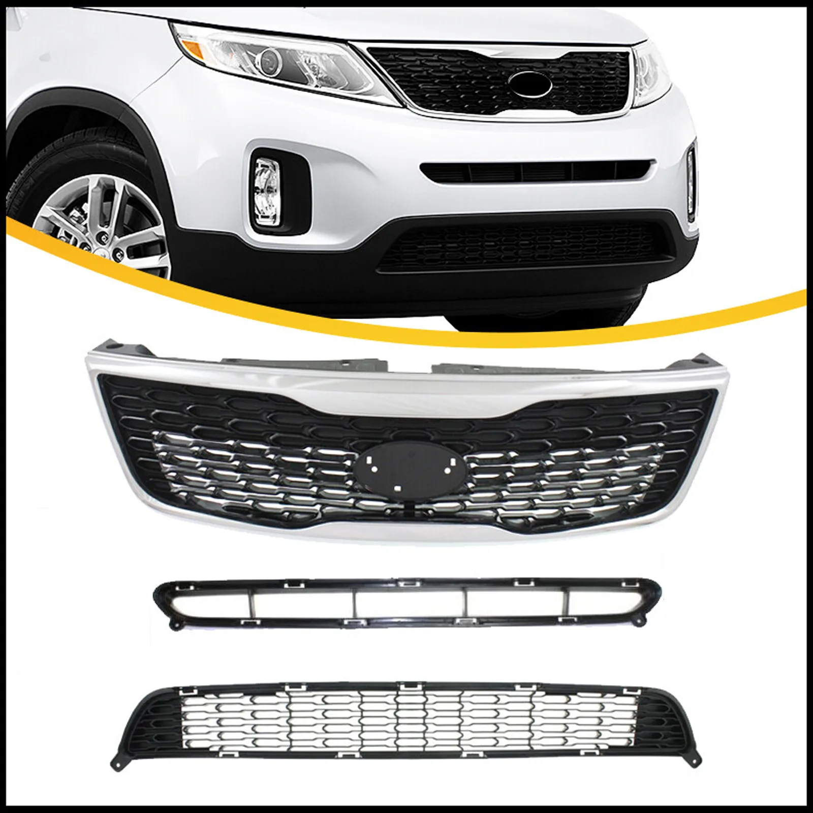 

3PCS Front Bumper Upper Lower Grille Insert For 2014-2015 14-15 Kia Sorento