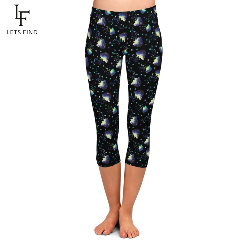 

LETSFIND New Arrival High Waist Soft Women Capri Leggings Fashion 3D Cute Jellyfishes Digital Print Fitness Stretch Leggings