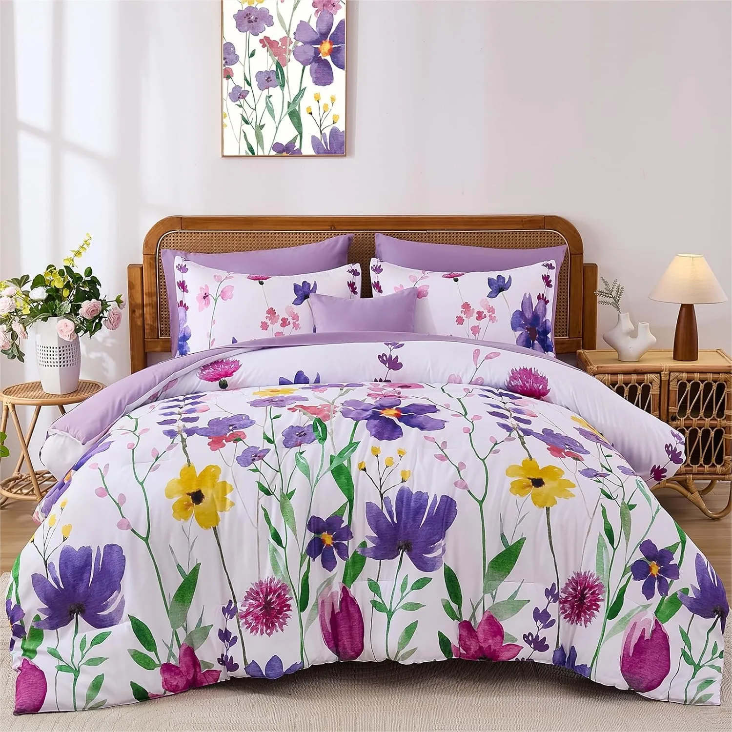 

Purple King Size Comforter Set 8 Pieces Soft Microfiber Floral Bed in a Bag with Pillowcases and Sheets for All Season