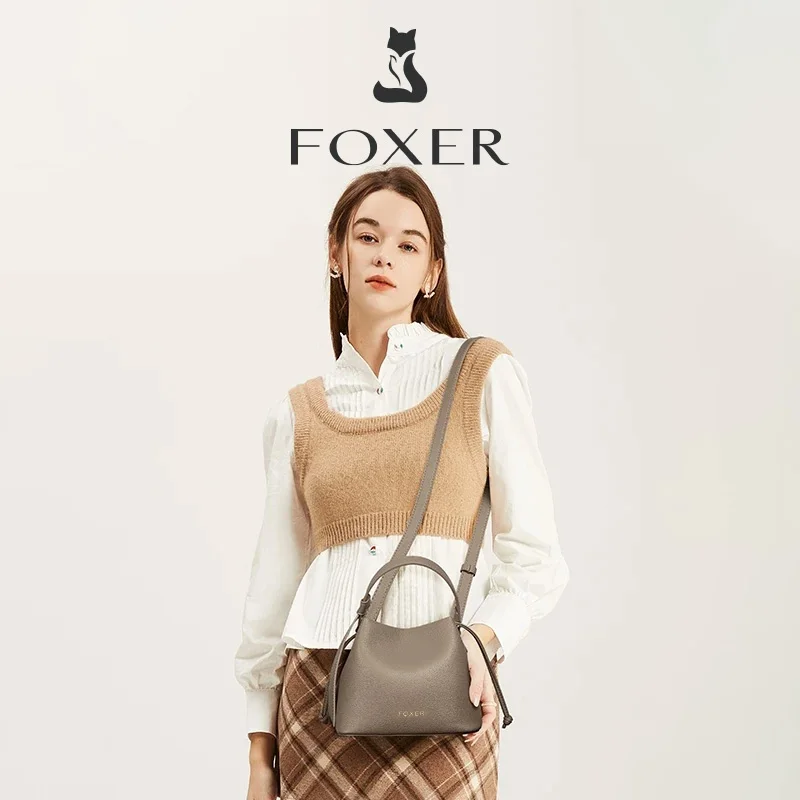 FOXER Women Mini Synthetic Leather Bucket Handbag Female Drawstring Knot Shoulder Bag Lady Simple Adjustable Strap Crossbody Bag