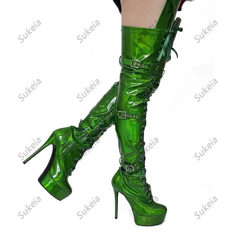 Sukeia New Women Winter Thigh Boots Waterproof Ultra High Heels Round Toe Green Blue Night Club Shoes Ladies US Plus Size 5-20