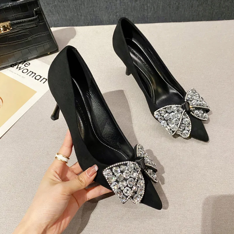 

Black high heels women's professional thin heels new temperament pointed head shallow mouth rhinestone bow single shoes women