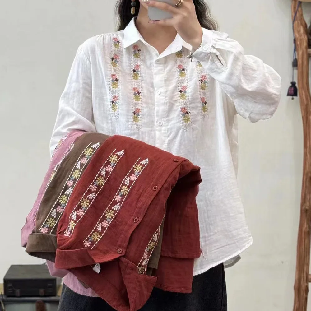 Bust 122cm large size tops cotton yarn flower embroidery shirts long sleeve blouse women autumn wine red pink white coffee shirt