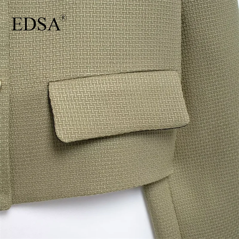 EDSA Women Blazer Cropped Tweed Jacket with Flap Pockets for Office Lady Single Breasted Turn-down Collar Suit Coat