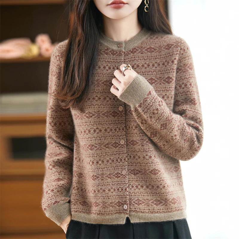 

Мягкий уютный открытый кардиган с круглым вырезом, 100% шерсть, вязаный свитер, осень/зима 2022, новый женский модный свободный винтажный кашемировый свитер