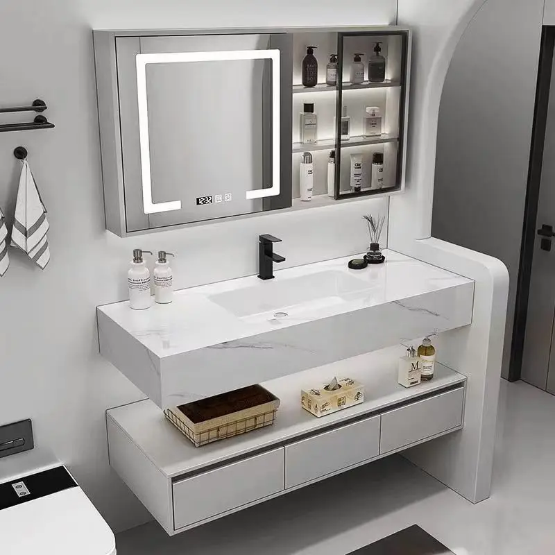 Simple light luxury rock slab seamless splicing ceramic integrated basin multi-layer solid wood bathroom bathroom
