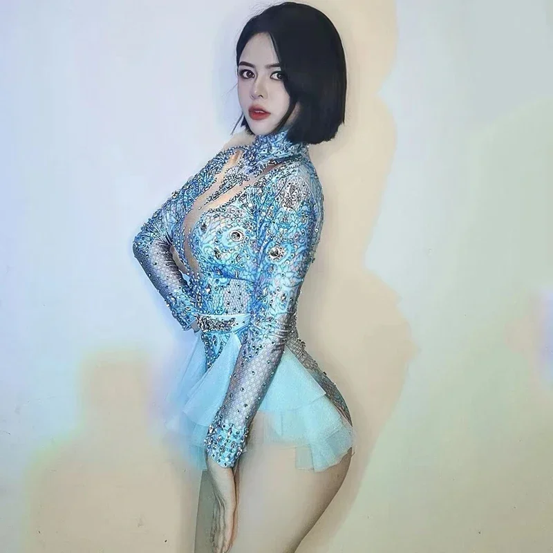 Body de encaje con diamantes de imitación brillantes para mujer, traje de baile en barra de manga larga, traje de Gogo, traje de baile de Jazz, ropa puesta en escena