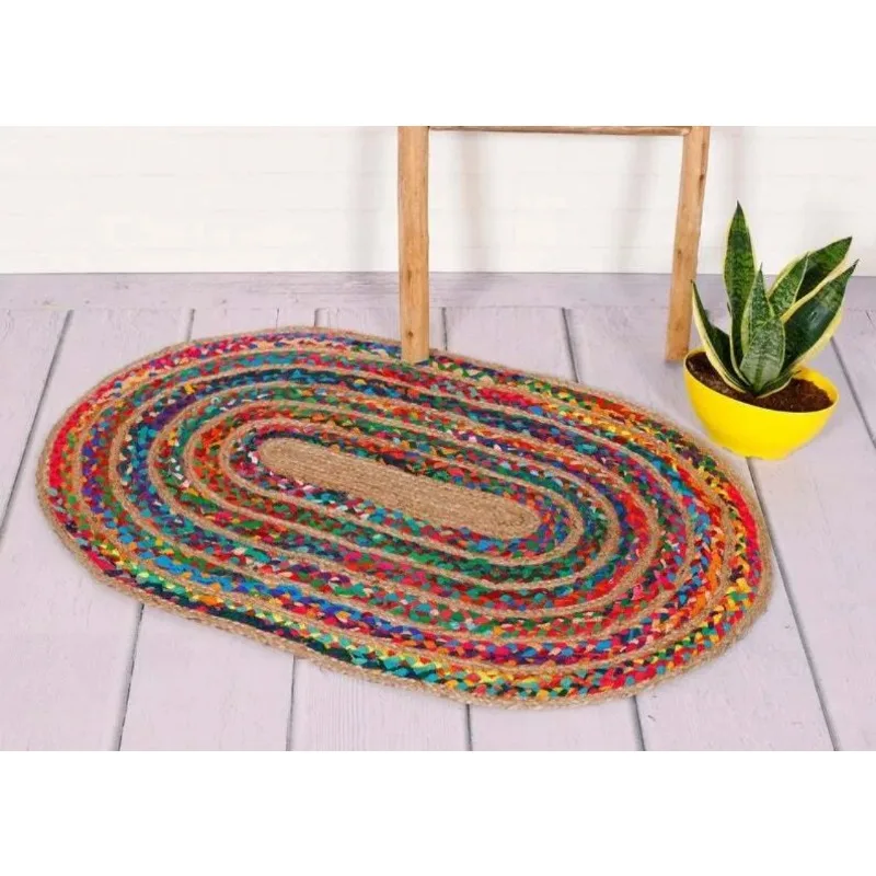 

Oval Rug Jute Braided Colorful Cotton Carpet Modern Home Living Room Floor Mat Pastoral Fashion Area Rug Bedroom Decor