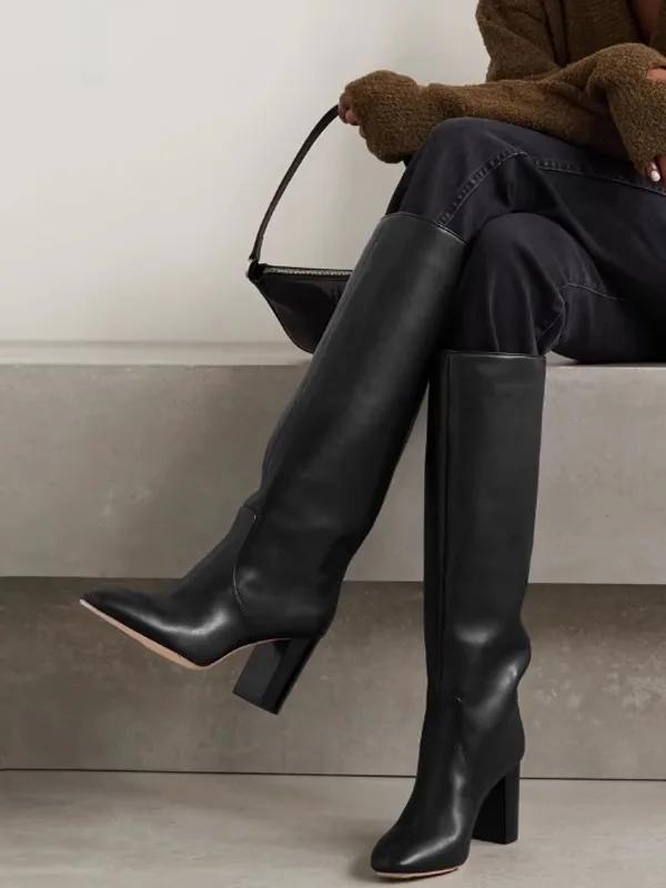 

Сапоги на высокой трубке, женские осенне-зимние новые рыцарские сапоги из натуральной кожи на высоком каблуке, прямые модные женские сапоги на каблуке