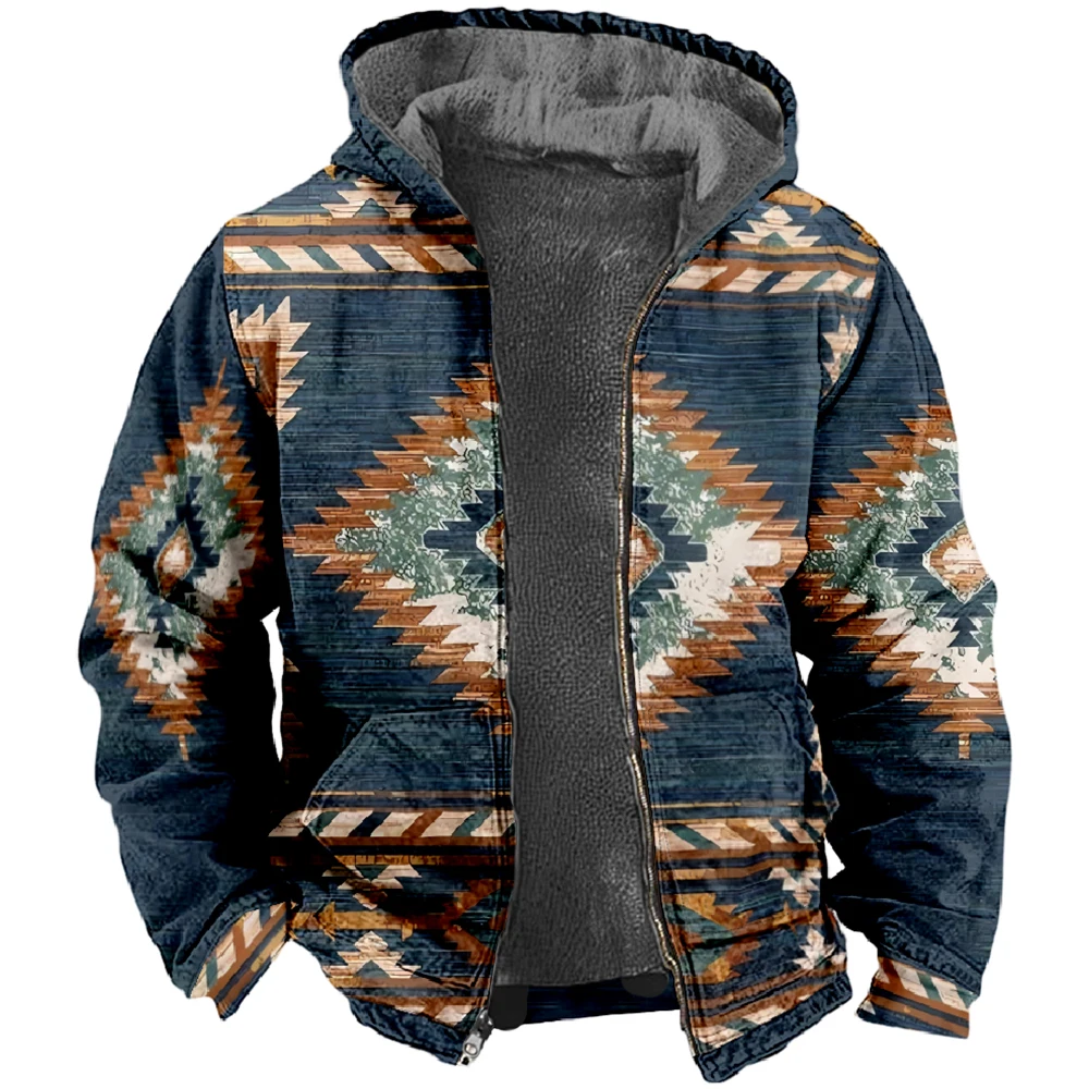 Men\'s Winter Jackets Fleece Male Coats Warm Hoodies for Men Tribal Native American Pattern Outerwear Chamarras Para Hombre 2024