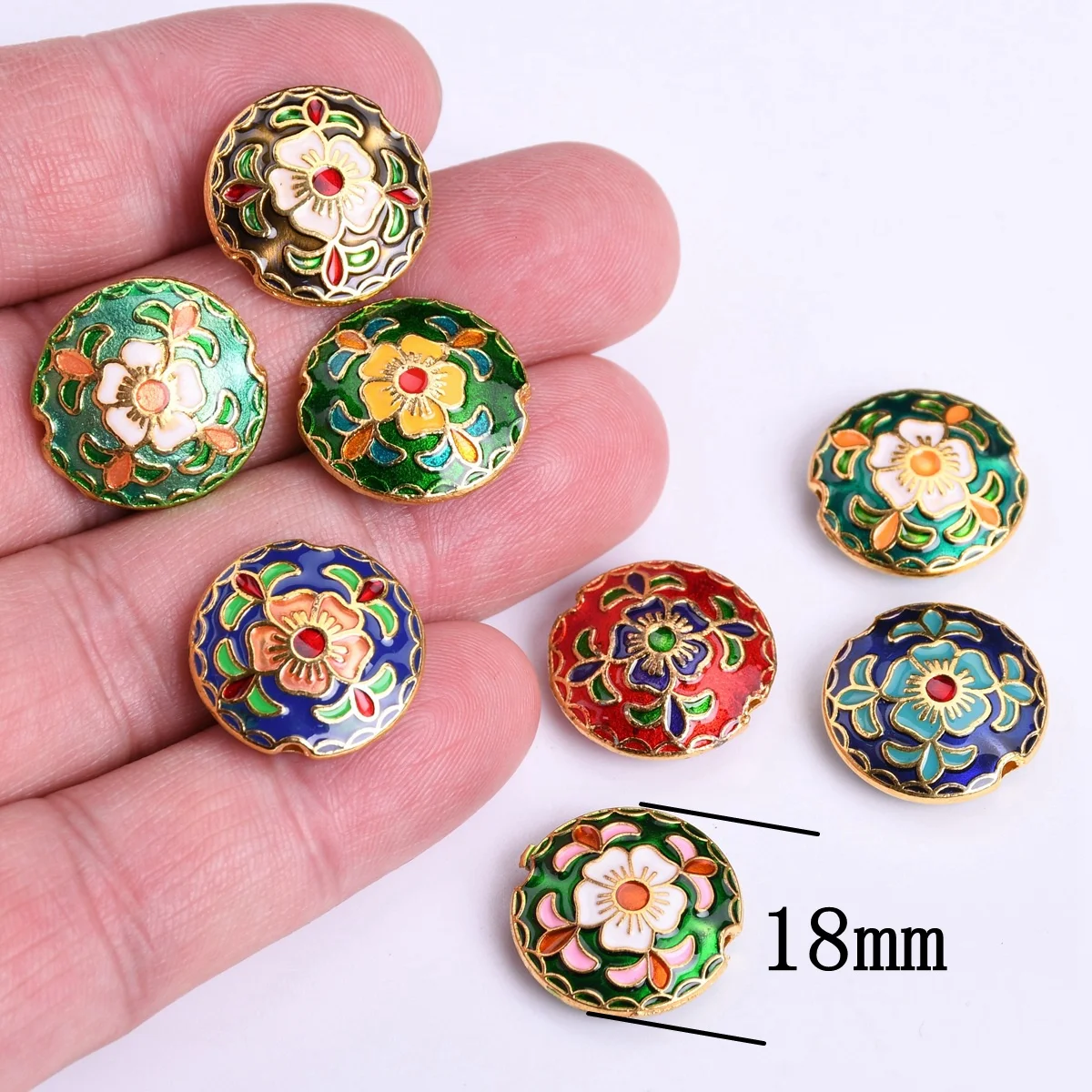 2pcs Enamel Flower Pattern 18mm Flat Round Shape Metal Loose Craft Beads For Jewelry Making DIY Findings