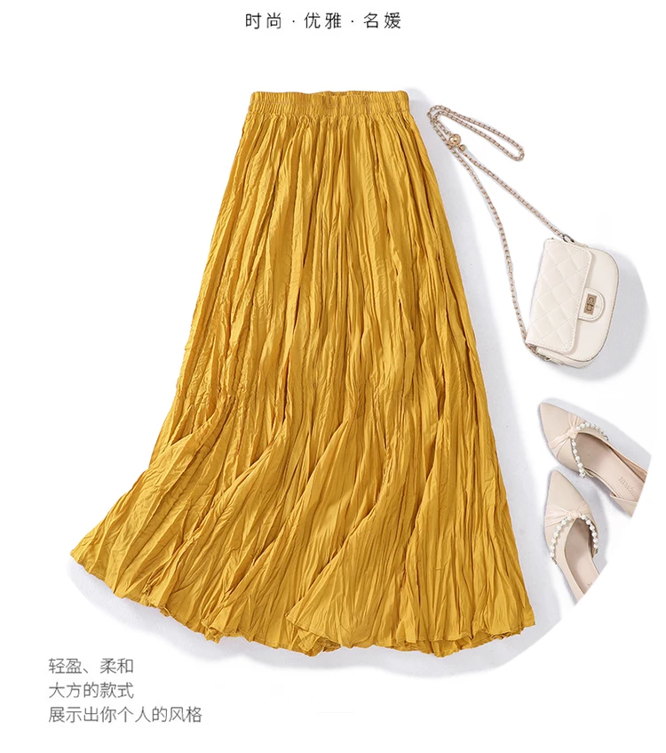 

Elegant Pink Pleated Skirt for Women's Large Hem Folds A-line Skirts Female 2025 Spring Fashion Elastic Waist Long Faldas Mujer