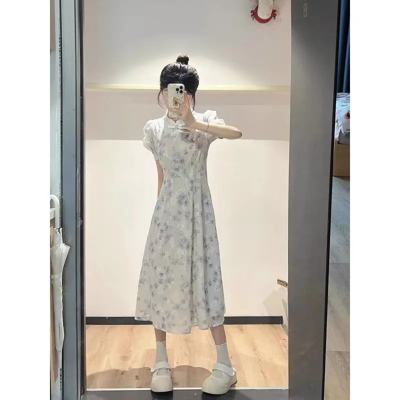 150cm Petite Girls Chinese Style Lmproved Floral Dress For Women Summer High Waist Tie a-line Mid Length XS Appear High