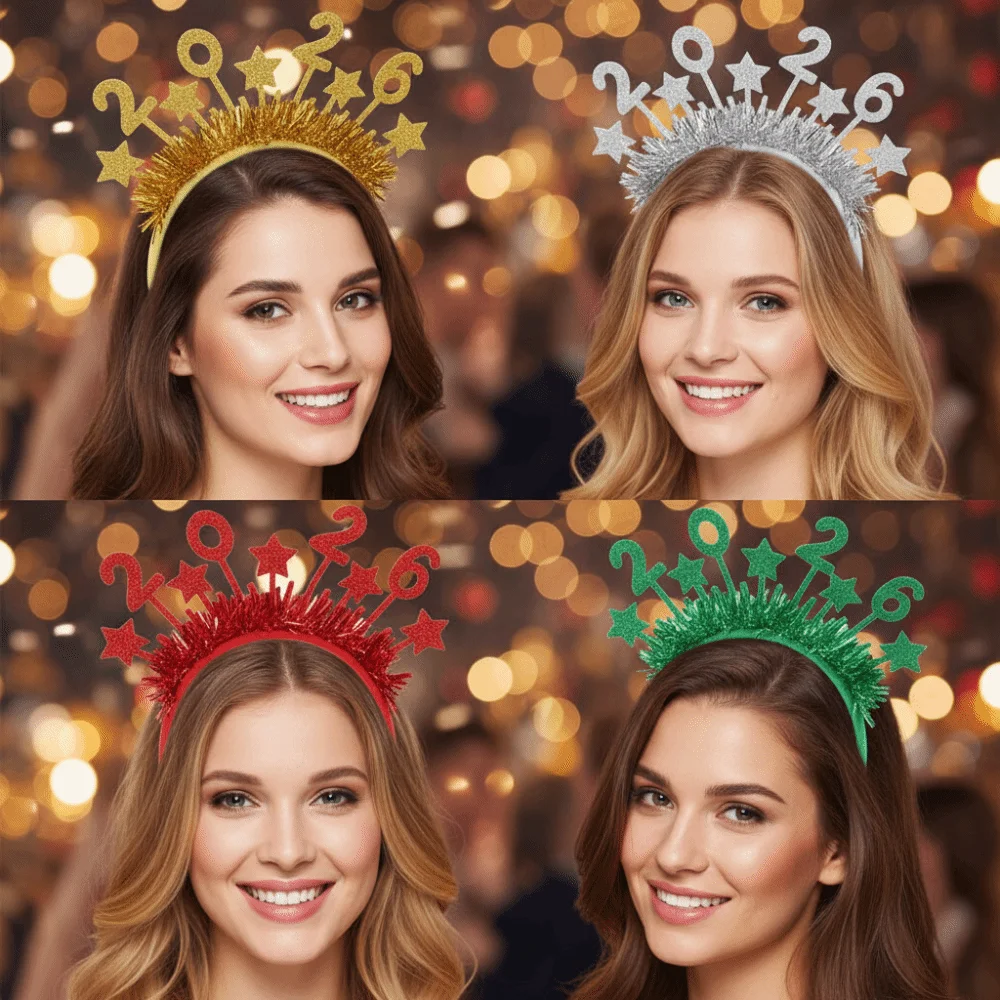 

Sequin 2026 Happy New Year Headband Sweet Cute Christmas Headpiece Creative Colorful Glitter Hair Hoop New Year Dress Up