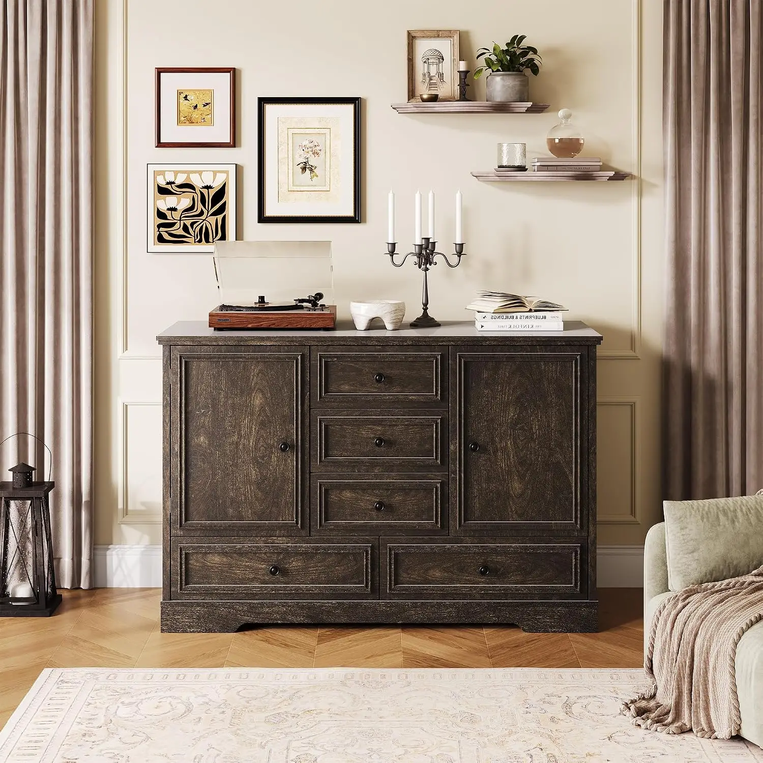 Farmhouse Sideboard 5 Drawers & 2 Doors, Wood Coffee Bar Storage Console Table for Kitchen Dining Living Room, Customized