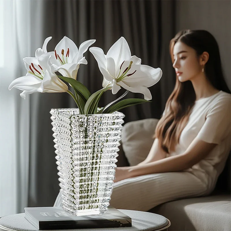 Crystal Glass Flower Vase for Living Room Large Diameter Rose Peony Decorative Ornaments Home Decorations