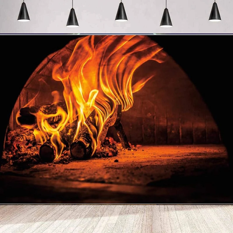 

Fire Burns Photography Backdrop Vintage Brick Wall Pizza Shop Traditional Oven Cave Fireplace Flames Background Party Banner