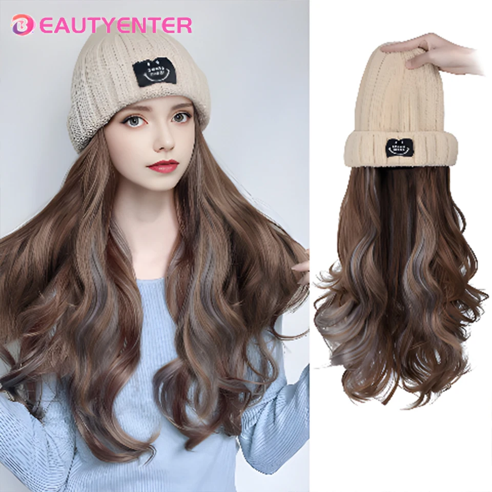 BeautyEnter sombrero con peluca para mujer, extensiones sintéticas, gorro de punto de onda grande, peluca de Cosplay ajustable