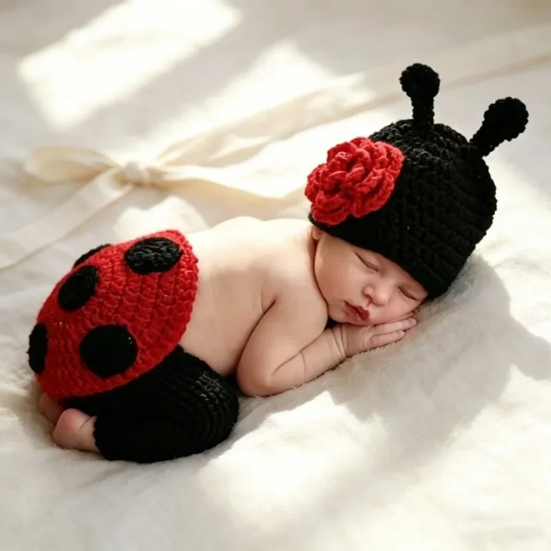 Kit de Adereços para Fotografia de Estúdio de Recém-Nascidos: Roupa de Tricô de Fio com Design Joaninha Sete Estrelas e Abelhinha para Sessão de Fotos de Cem Dias