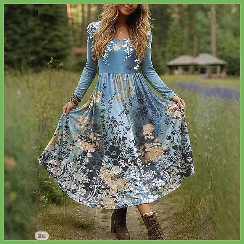 Abito Lungo Boho Vintage con Stampa per Donna 2025, Vestito Casual con Scollo a V e Vita Alta