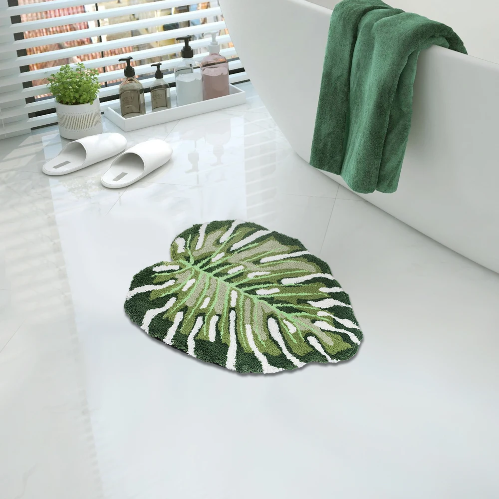 Irregular Plant Monstera Tufted Rug Plush Tropical Leaf Area Rug for Living Room Bathroom Green Monstera Fluffy Bath Floor Mat