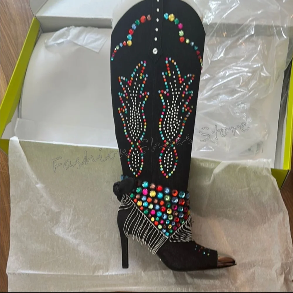 

Colorful Crystal Side Zipper Black Boots Tassels Decor Women Shoes Thin High Heels Party Banquet Dating 2025 Zapatos Para Mujere