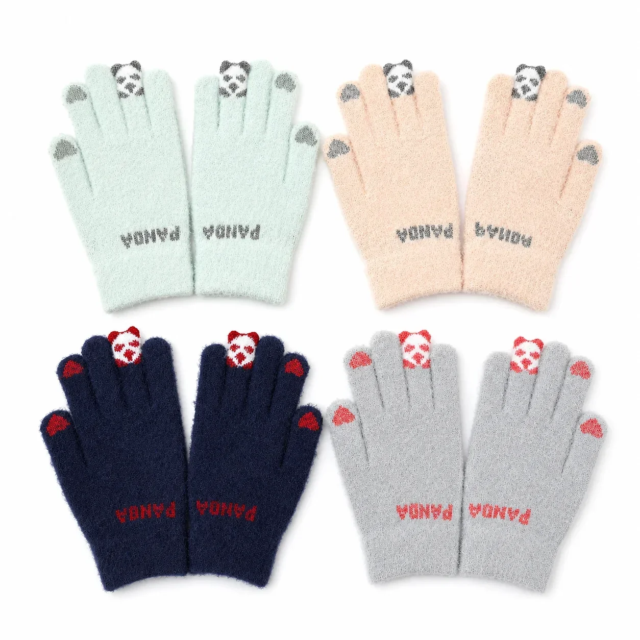 Cute Bear Finger Gloves, Winter Knitted Touchscreen Gloves with 3D Bear Design for Women Girls