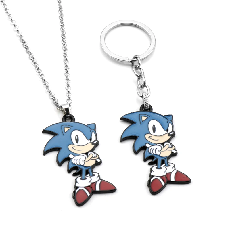 Cartoon Movie Sonics Necklace Keychain Kawaii Anime Figure Enamel Keyring Men Women Pendants Jewelry Accessories Gift