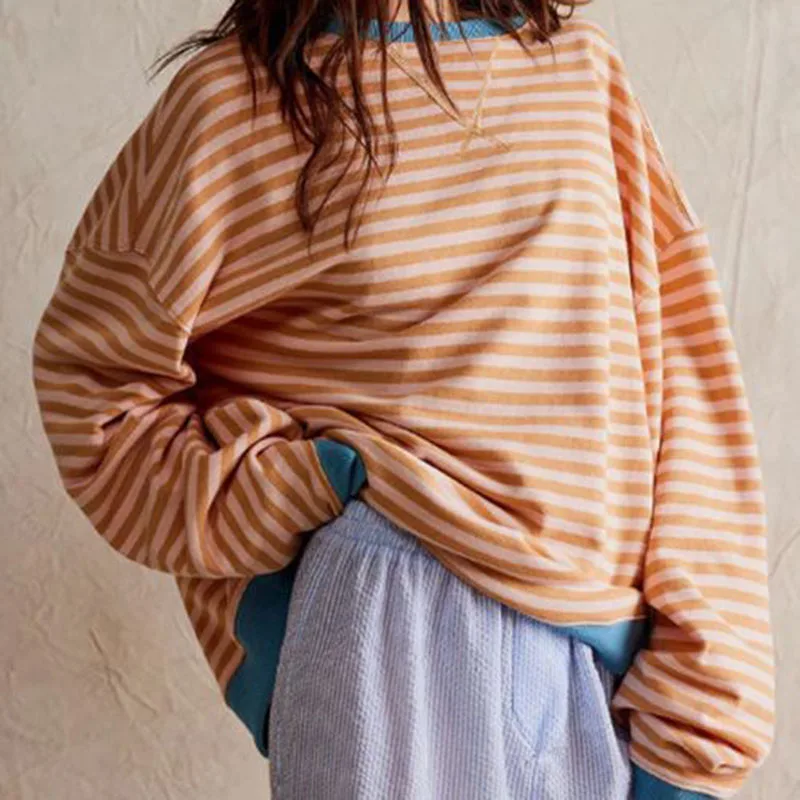 Damen Herbst/Winter Neuer Gestreifter Rundhals-Pullover Locker Lässig Langarm Sweatshirt Streetwear Harajuku-Stil Sweatshirt-Jacke – Detail 4