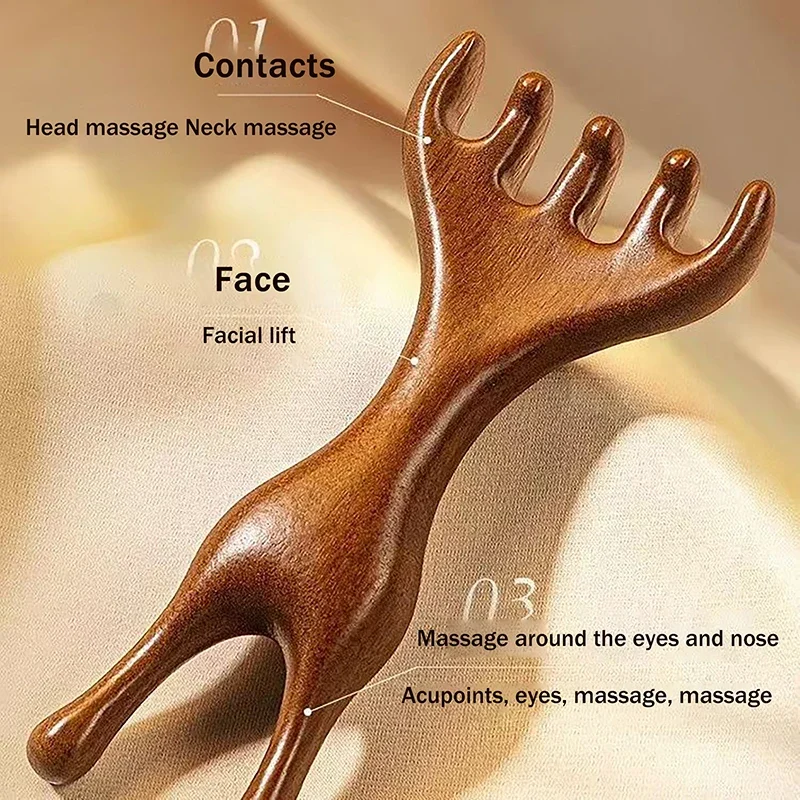 

1PCS Sandalwood Scalp Massager Sandalwood Deer Antlers Wide Tooth Comb Meridians Dredging Scalp Facial Massage Comb Gua Sha Comb