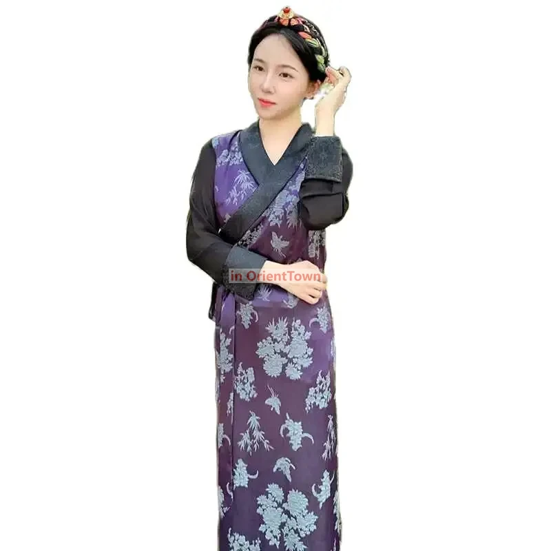 Tibet Nationality Clothing Elegant Oriental Costumes High Quality Silk Blend Robe Tibetan Women Living Dress