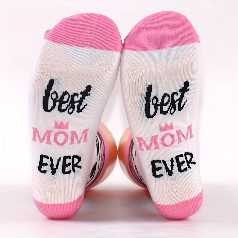 Rosafarbene Thanksgiving-Socken mit mittlerer Wade, bequeme, atmungsaktive Baumwollsocken, „Best Mom Ever“, Muttertagsgeschenk für Mama, 1 Paar
