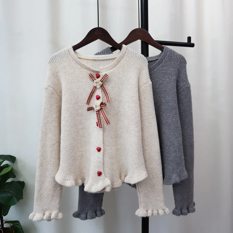 2024 Autumn/Winter New Sweater Coat Sweet Soft Sticky Top Women Korean Style O-neck Wooden Ears Bow Knitted Cardigan