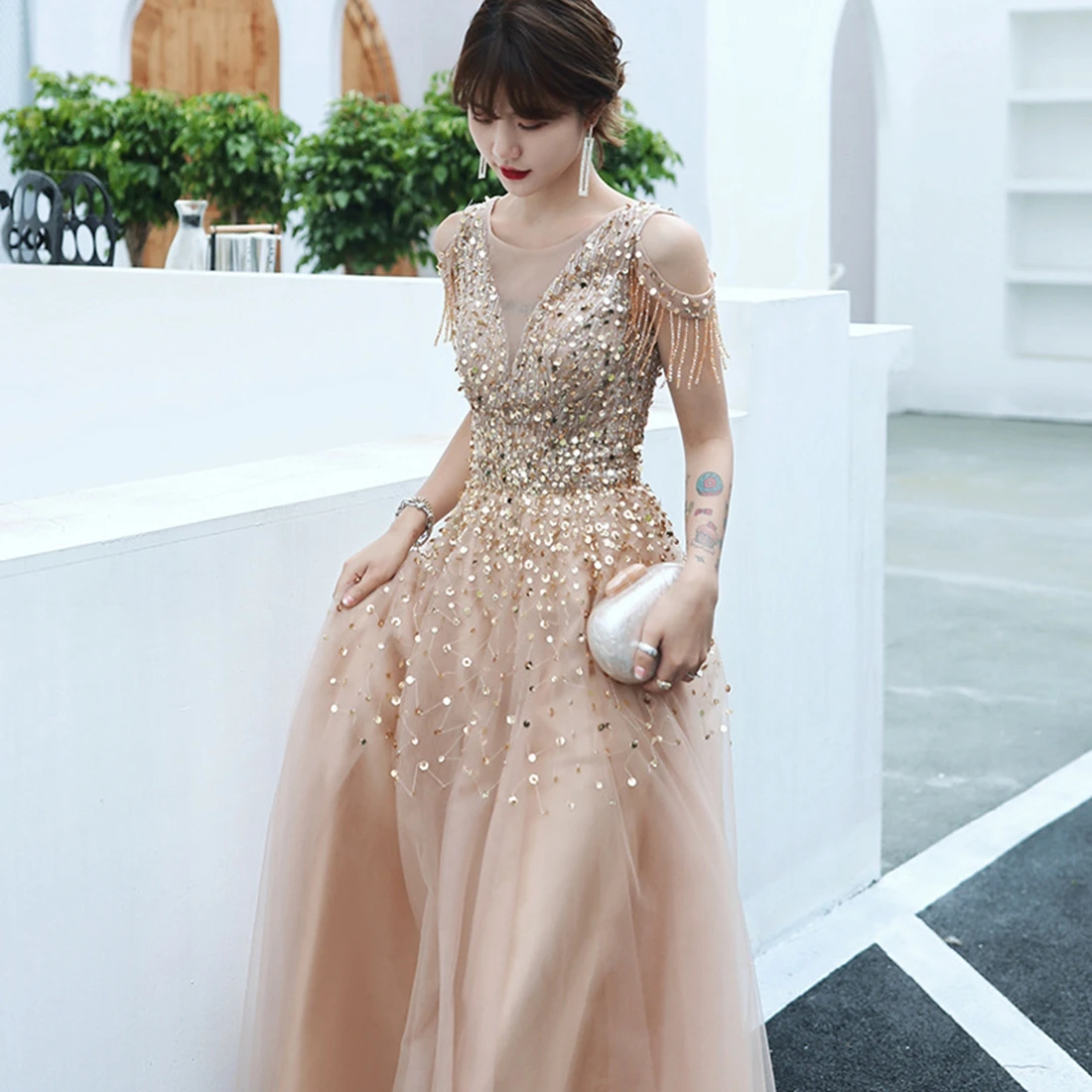 Elegant Beaded Floor-Length Prom Dress A-line O-Neck Sexy Prom Dresses Customized