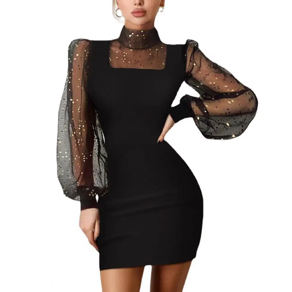 

Spring And Autumn New Elegant Women's Black Long Sleeved O-neck Sequin Mesh Sleeves Fashion Loose Fitting Party Dress Vestidos